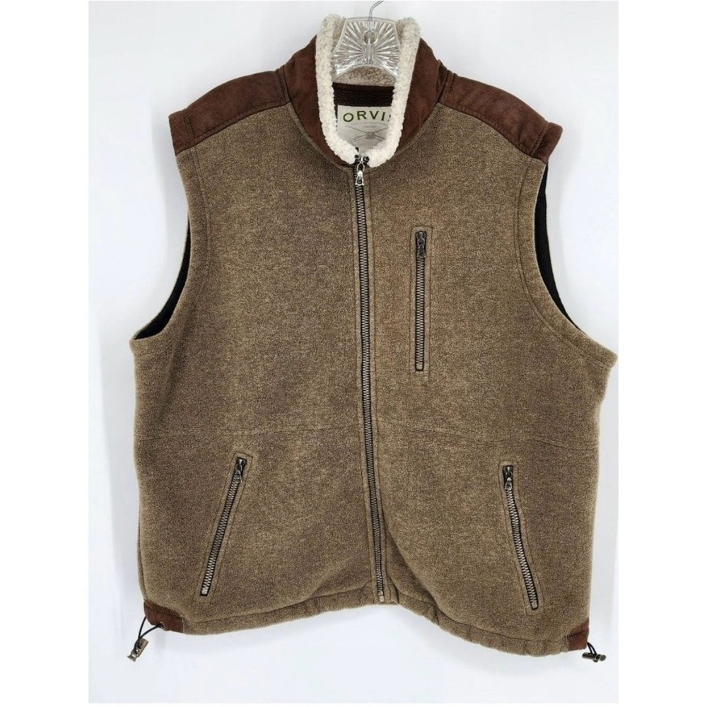 Orvis Fleece Vest Gorpcore Olive Green Brown XL Sherpa Lined Collar